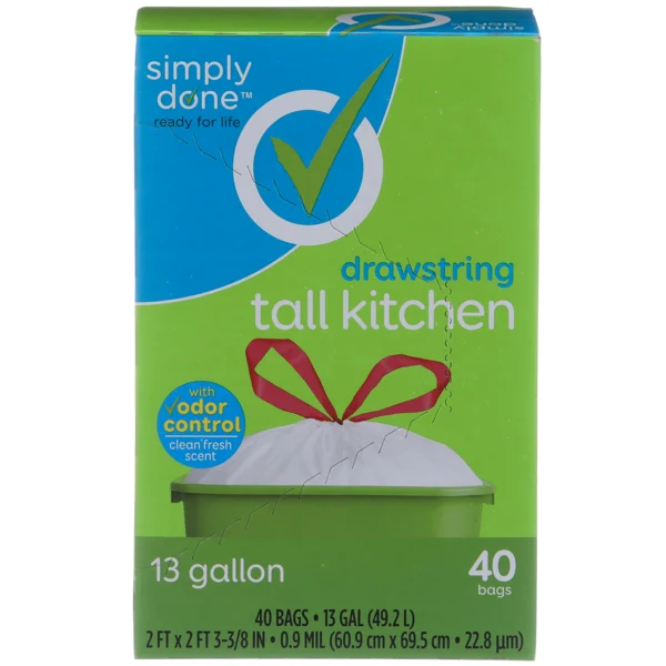 Simply Done Drawstring Tall Kitchen Trash Bags 13 Gallon, Odor Control