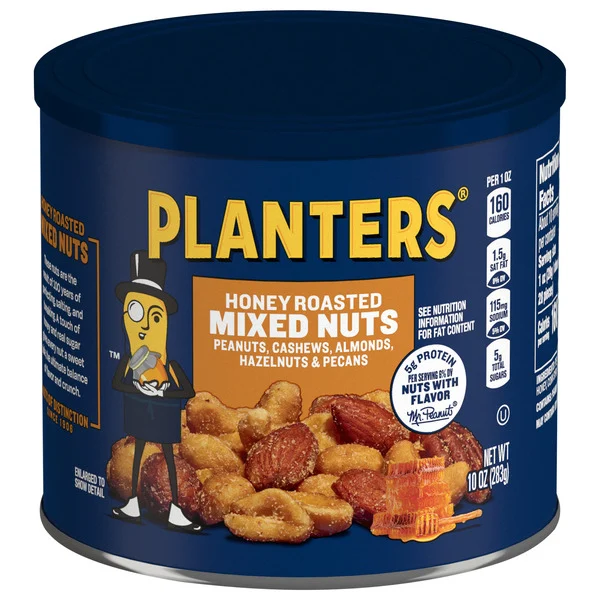 Planters Honey Roasted Mixed Nuts, Party Snacks, Plant-Based Protein,  10 Oz Canister