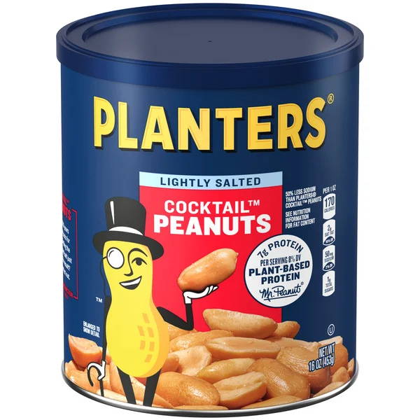 Planters Lightly Salted Cocktail Peanuts, Party Snacks, Plant Based Protein, 16 Oz Canister