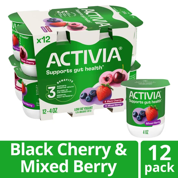Activia Black Cherry and Mixed Berry Probiotic Yogurt, Delicious Low Fat Yogurt Cups to Help Support Gut Health, Variety Pack, 4 oz, 12 Count