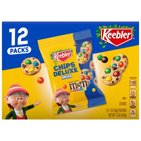 Keebler Chips Deluxe Minis Made with M&M’s, Chocolate Chip Cookies, 1 oz Pouches, 12 Count
