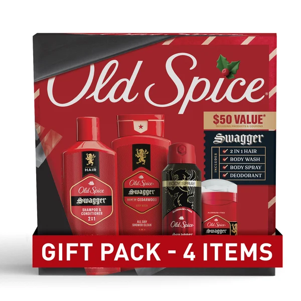 Old Spice Gift Pack for men, Swagger, 24/7 Holiday Freshness, 4-pack
