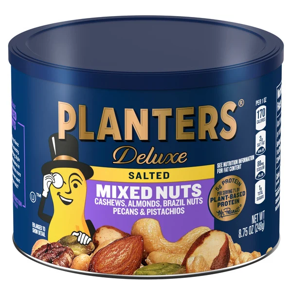 Planters Deluxe Mixed Nuts Cashews, Almonds, Brazil nuts, Pistachios & Pecans, 8.75 oz Canister