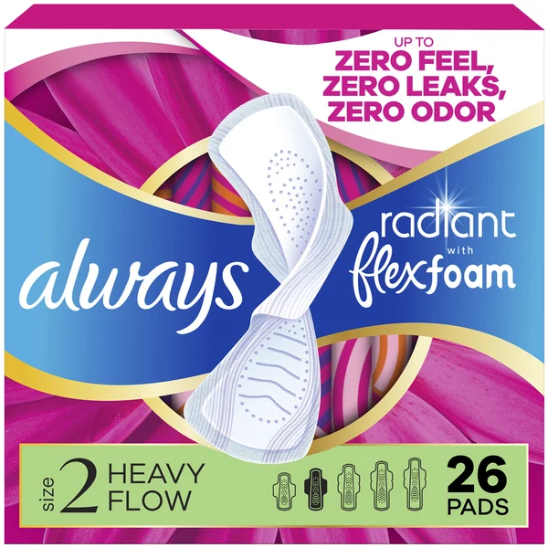 Always Radiant Heavy Flow Sanitary Pads Light Clean Scent With Wings, Size 2