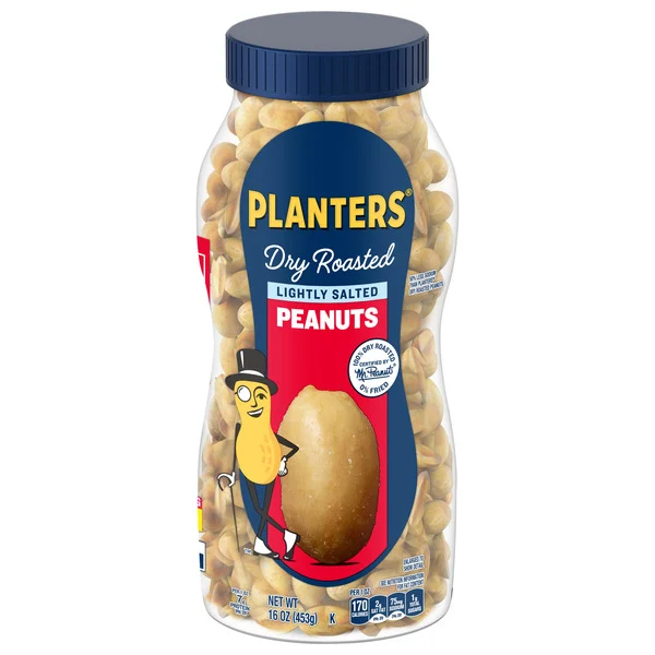 Planters Lightly Salted Dry Roasted Peanuts, Party Snacks, Plant Based Protein 16oz (1 Jar)