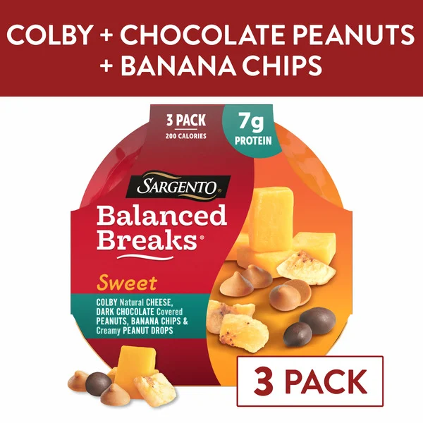 Sargento Sweet Balanced Breaks® Colby Natural Cheese, Dark Chocolate Covered Peanuts, Banana Chips and Creamy Peanut Drops Snack Kit, 3-Pack