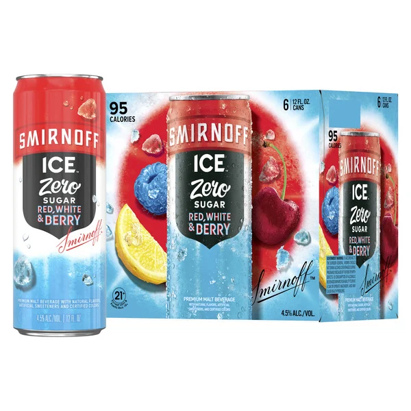 Smirnoff Ice Zero Sugar Red White & Berry, 12 fl oz, 6 Pack Cans, 4.5% ABV