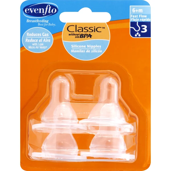 Evenflo Nipples, Silicone, Fast Flow 3, 6+ M