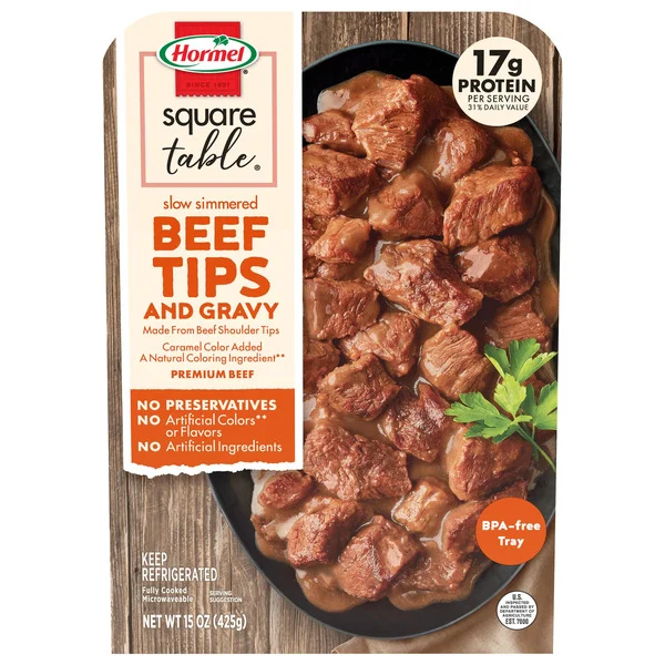 Hormel SQUARE TABLE Slow Simmered Beef Tips & Gravy Refrigerated Entrée, 15 oz Plastic Tray