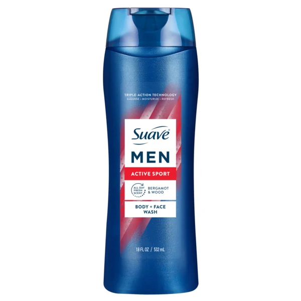 Suave Men Active Sport 2-in-1 Body & Face Wash with Glycerin & Vitamin E, Paraben & Phthalate-Free, Cleanse, Moisturize, Refresh, Long-Lasting Fragrance, 18 FL OZ