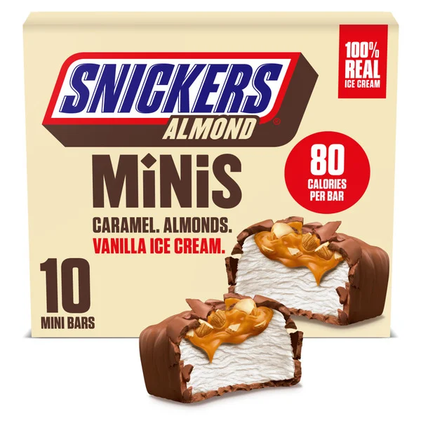 SNICKERS Ice Cream Minis, Milk Chocolatey, Caramel, Almond and Vanilla Ice Cream Bars, 10 Pack, 9.5 Oz