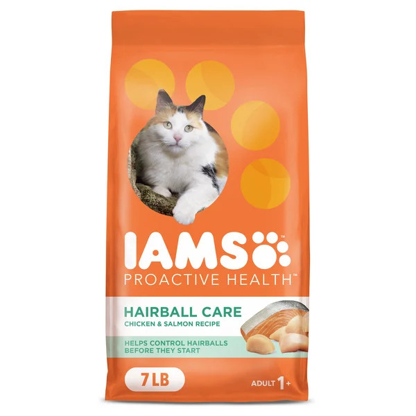 IAMS PROACTIVE HEALTH Adult Hairball Care Dry Cat Food with Chicken and Salmon Cat Kibble, 7 lb. Bag
