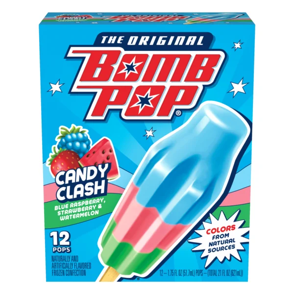 Bomb Pop Candy Clash Freeze Ice Pops, Frozen Dessert, Blue Raspberry, Strawberry, and Watermelon, 12pk