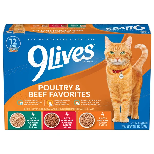 9Lives Poultry & Beef Favorites Wet Cat Food Variety Pack, 5.5 oz. Cans (Pack of 12)