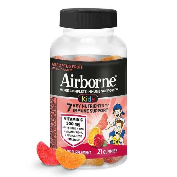 AIRBORNE® Airborne Kids Immune Support Gummies, Assorted Fruit Flavor, 21 Ct - 500 mg Vitamin C + Vitamins A, D & E + Zinc, Selenium, and Manganese | With Herbal Blend | Naturally Flavored