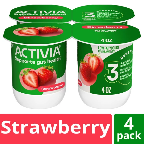 Activia Strawberry Probiotic Yogurt, Delicious Low Fat Yogurt to Help Support Gut Health, 4 oz, 4 Count