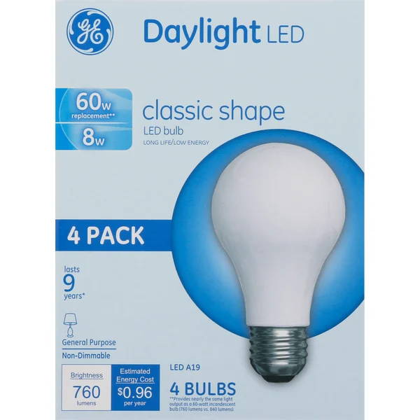 GE Light Bulbs, LED, Daylight, Classic Shape, 8 Watts, 4 Pack