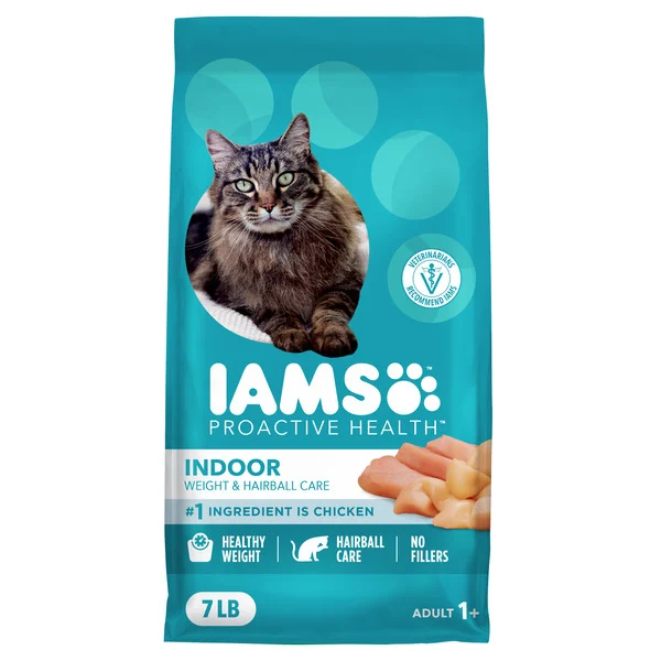 IAMS PROACTIVE HEALTH Adult Indoor Weight Control & Hairball Care Dry Cat Food with Chicken & Turkey Cat Kibble, 7 lb. Bag