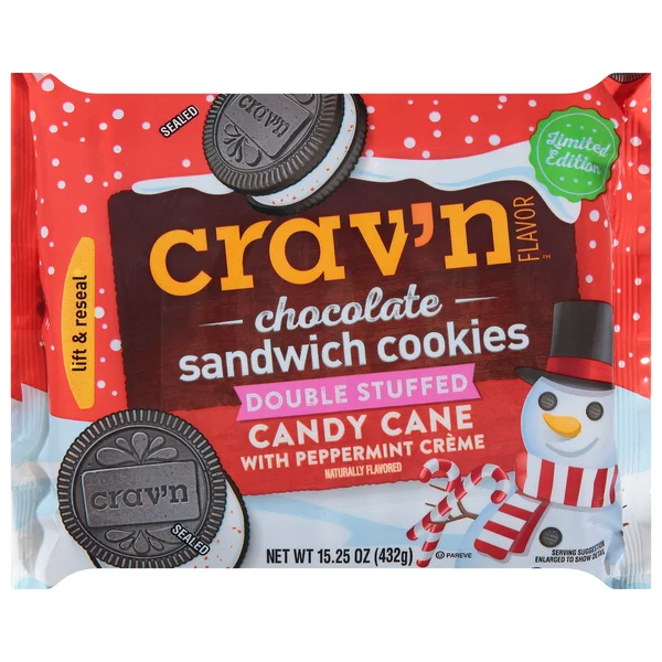 Crav'n Flavor Sandwich Cookies, Chocolate, Candy Cane with Peppermint Creme, Double Stuffed
