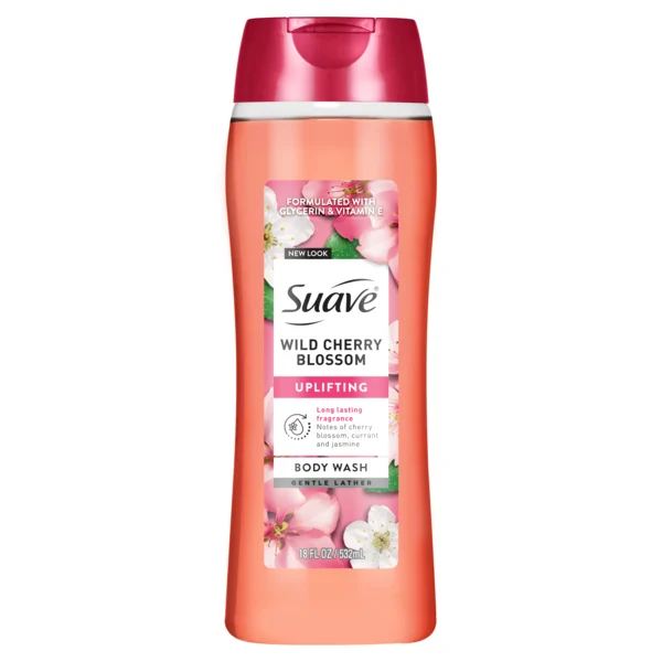 Suave Wild Cherry Blossom Moisturizing Body Wash with Glycerin & Vitamin E, Hydrating Skin Cleanser For Soft, Smooth Skin, Long Lasting Scent, Paraben-Free, 18 FL OZ