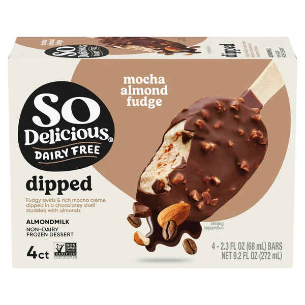 So Delicious Almond Milk Frozen Dessert Bars, Mocha Almond Fudge, Dairy Free, Vegan Dipped Ice Cream Bar Alternative, Non-GMO, Kosher, 4 Count
