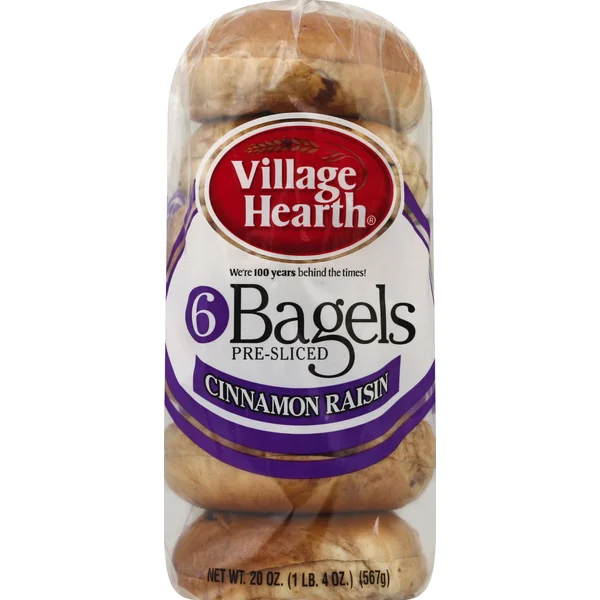 Village Hearth Bagels, Pre Sliced, Cinnamon Raisin