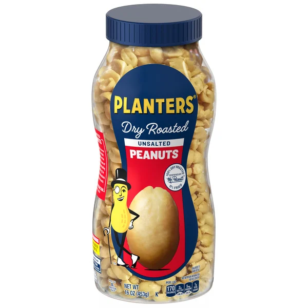 Planters Unsalted Dry Roasted Peanuts, Party Snacks, Plant Based Protein 16oz (1 Jar)