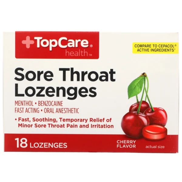 TopCare Sore Throat Menthol, Benzocaine Fast Acting Oral Anesthetic Lozenges, Cherry