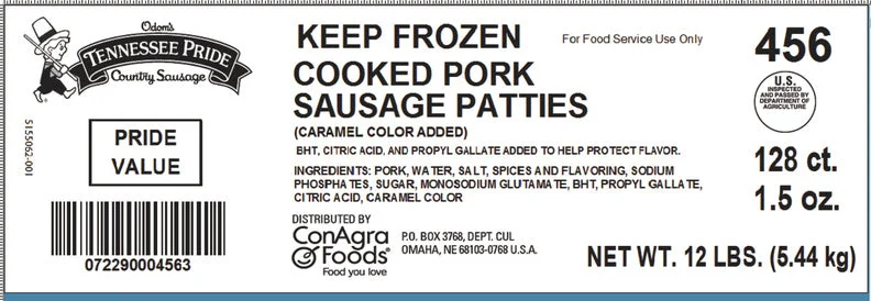Odoms Tennessee Pride Value Fully Cooked 5 Inch Sliced Sausage Trim Patties 1.5 Ounce Size - 128 Per Case.