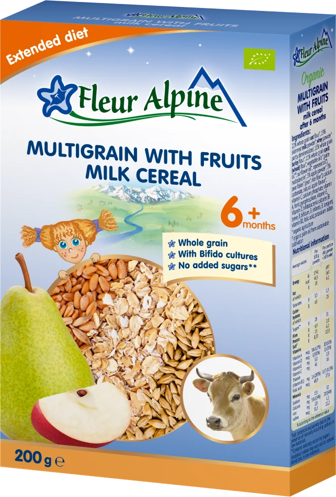 FLEUR ALPINE Organic Multi-Grain & Fruit Cereal with Cow's Milk 200g/6pack
