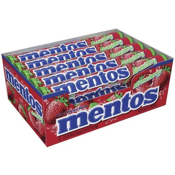 Mentos Chewy Mint Candy Roll Strawberry Bulk Party Non Melting Twenty Four 1.32 Ounce Size - 360 Per Case.