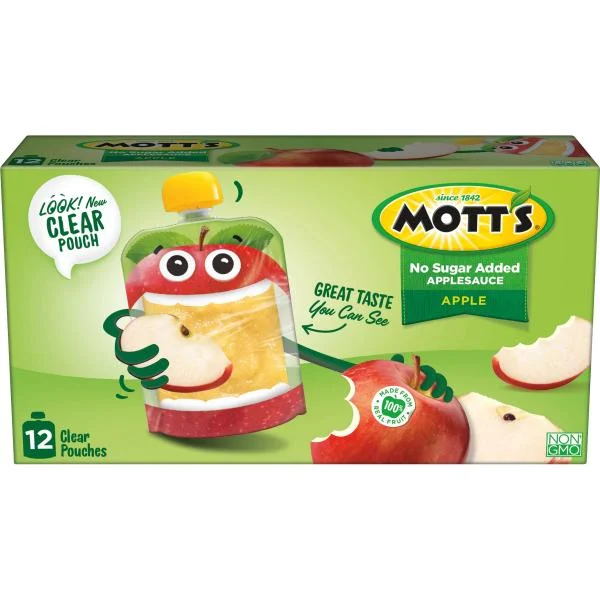 Mott's No Sugar Added Applesauce Clear Pouches 3.2 Ounce Size - 48 Per Case.