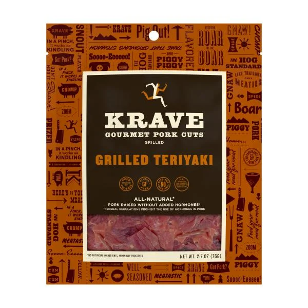 Krave Grilled Teriyaki Gourmet Pork Cuts 8 Count Packs - 1 Per Case.